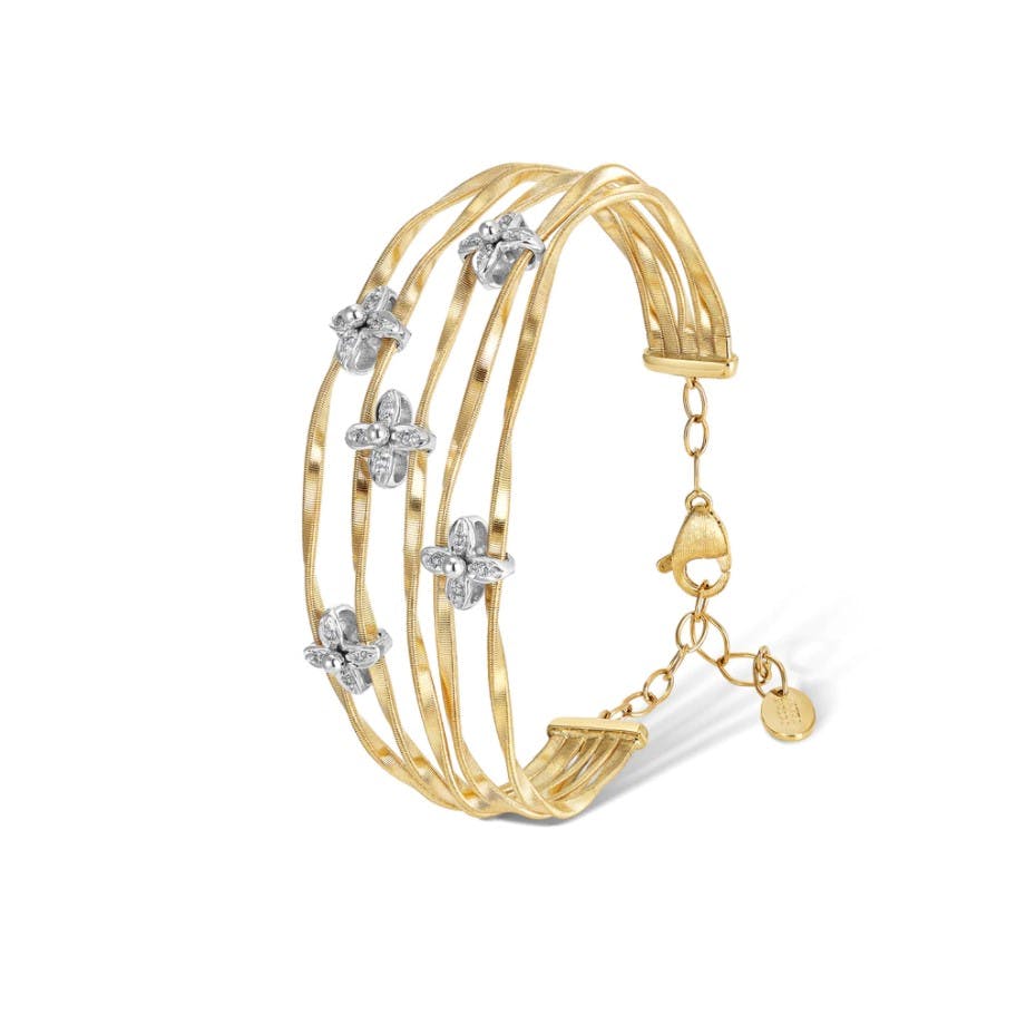 Marco Bicego Marrakech Onde Collection 18K Yellow and White Gold Five Strand Bangle with Diamond Flowers 0