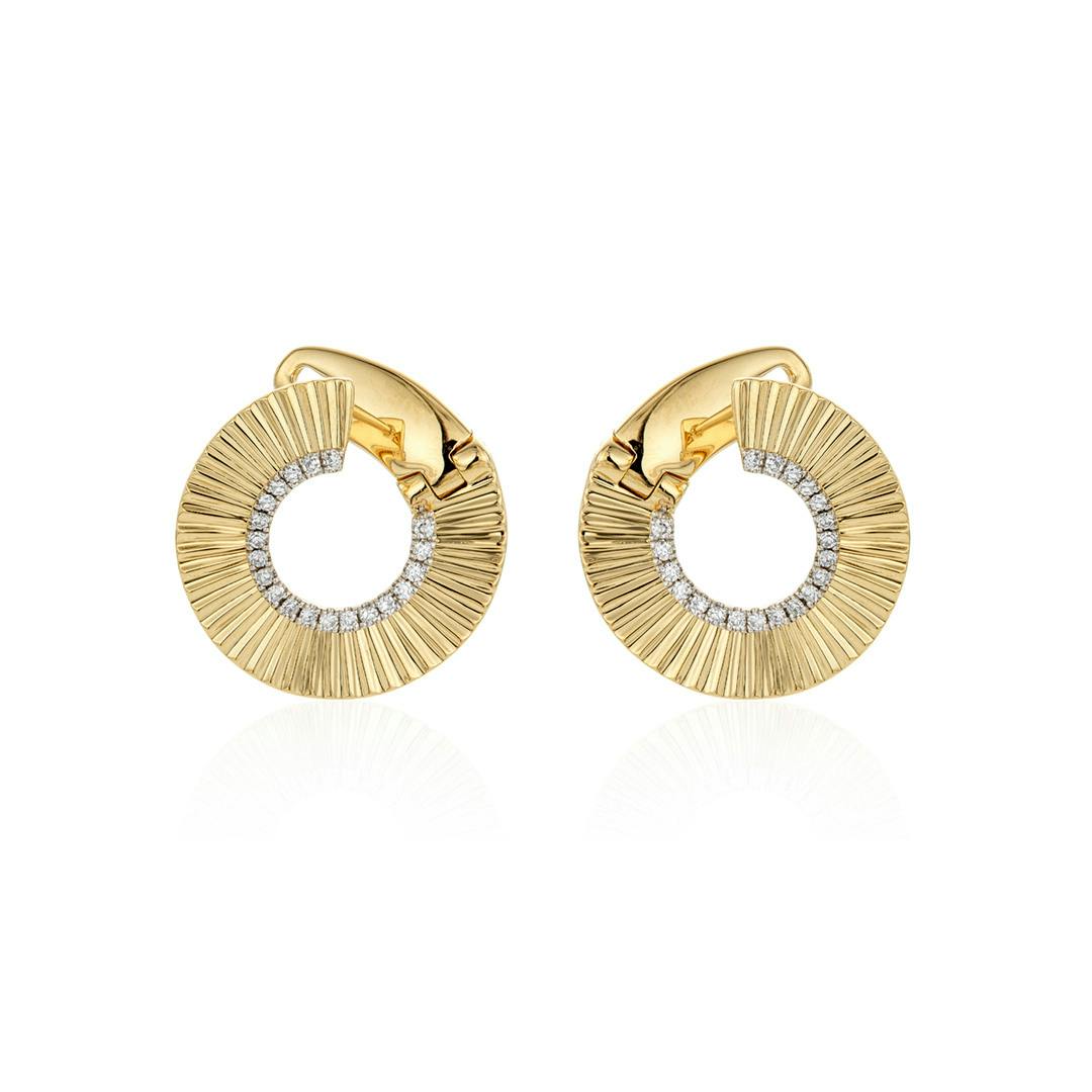 14k Yellow Gold Fluted Diamond Bypass Hoop Earrings