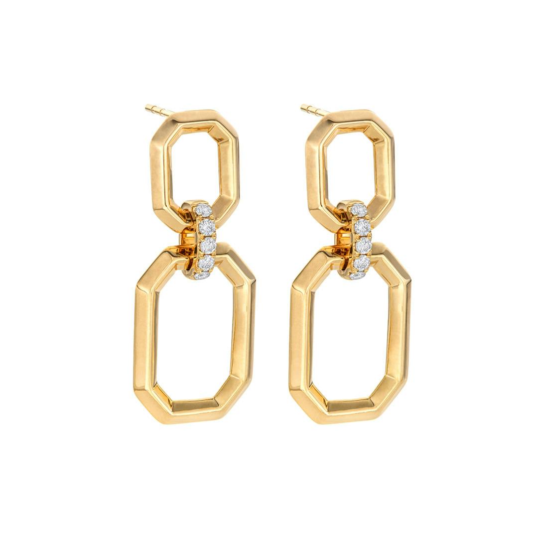 Octagonal Link Yellow Gold Diamond Dangle Earrings 0
