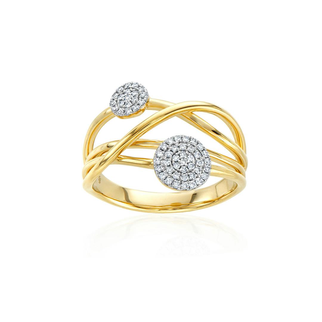 Pave Diamond Two Disc Yellow Gold Crossover Ring