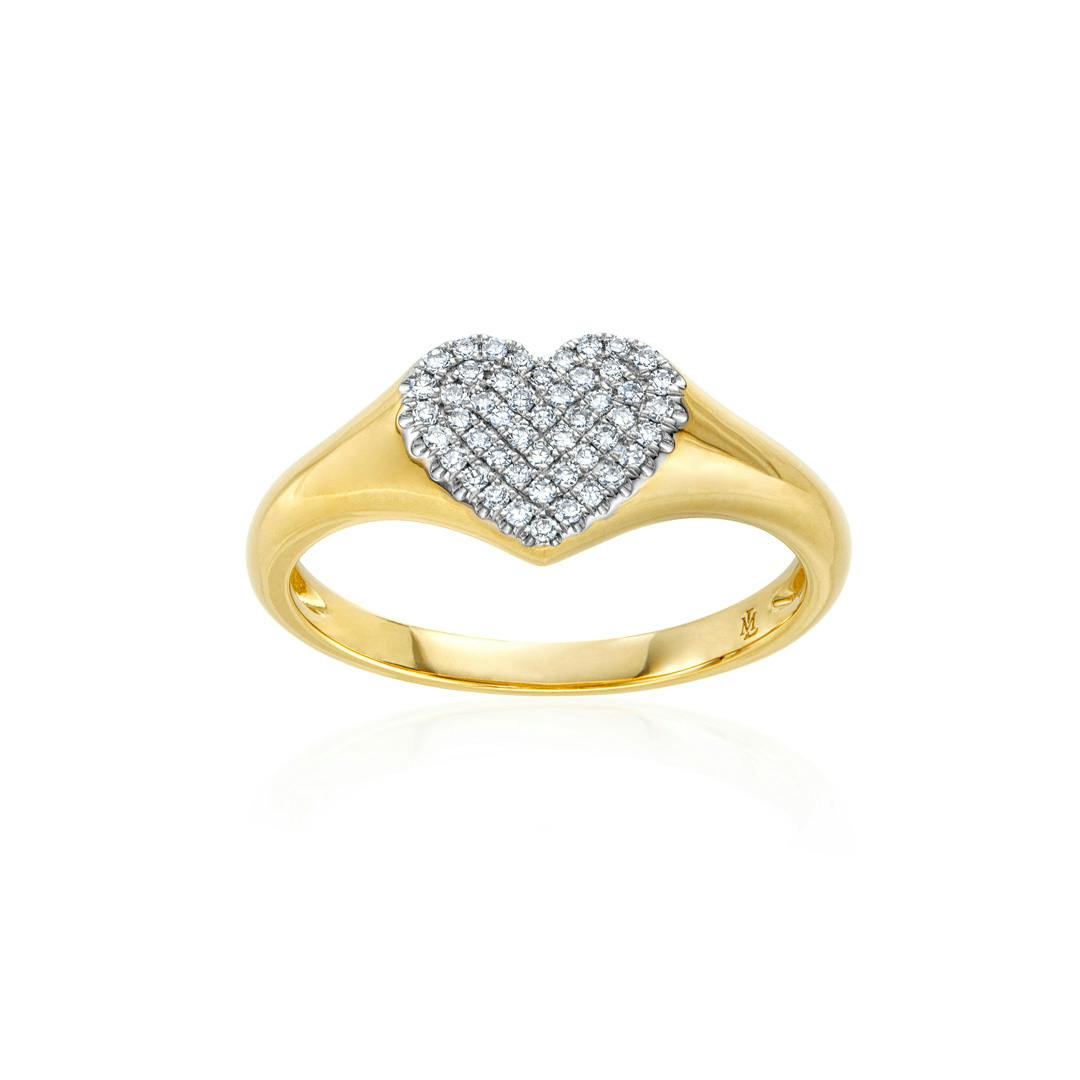 Pave Diamond Heart Yellow Gold Signet Ring