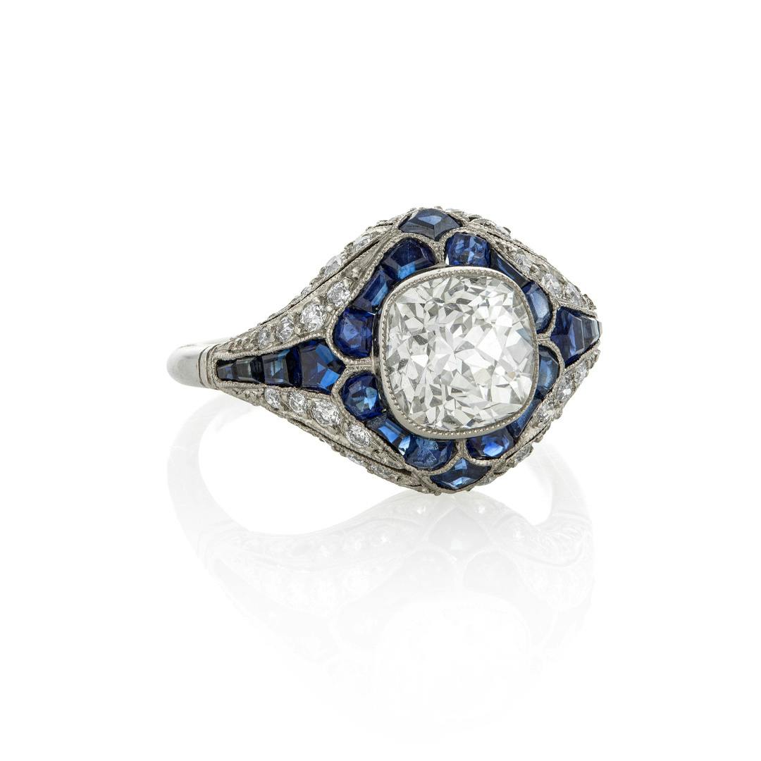 Estate Collection Diamond and Sapphire Retro Platinum Engagement Ring 0