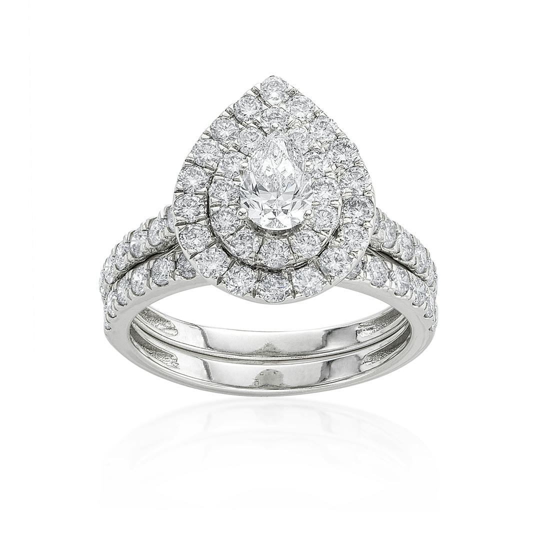 2.00 CTW Pear Cut Diamond Bridal Ring Set with Two Step Down Diamond Halos 0