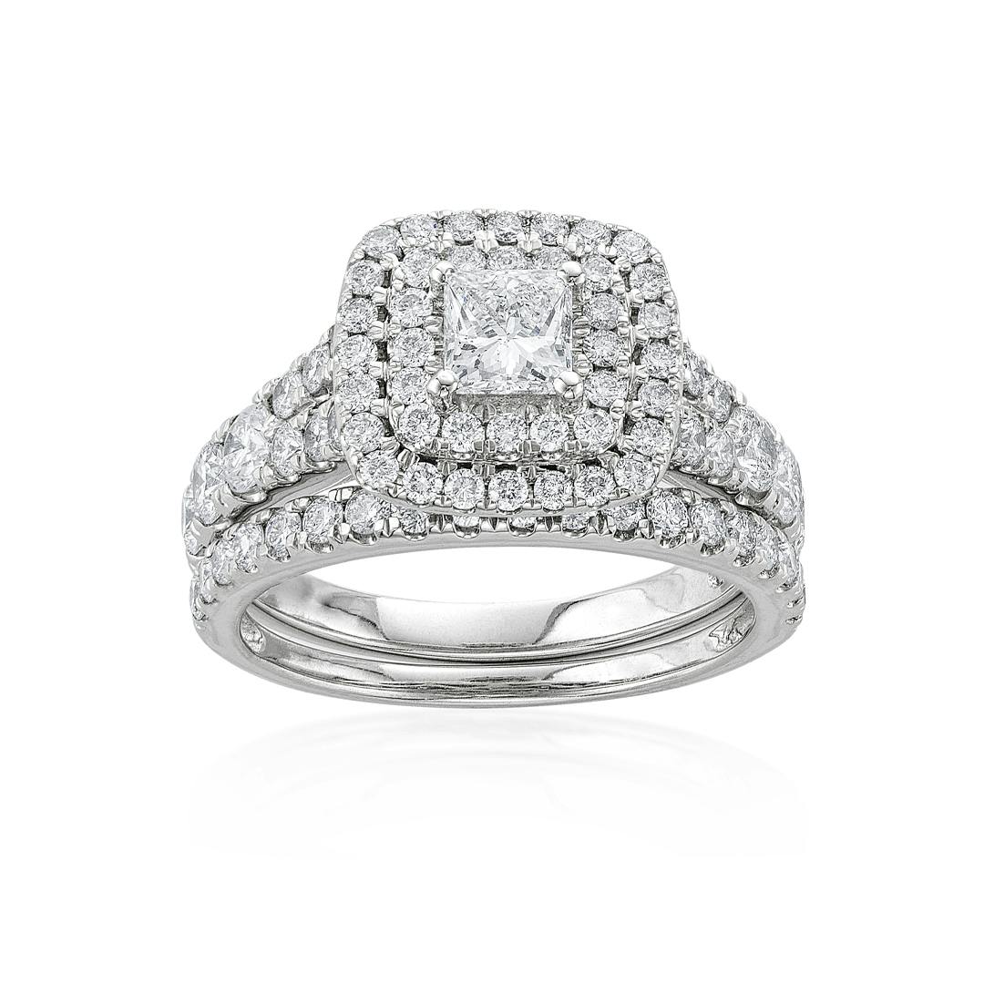 2.03 CTW Princess Cut Diamond Bridal Ring Set with Double Pave Halo 0
