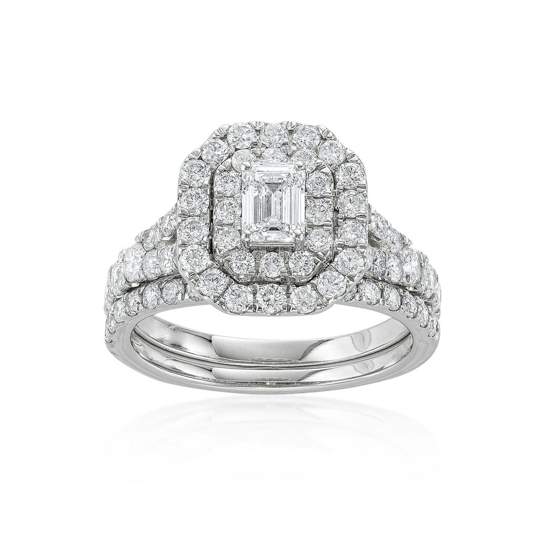 2.00 CTW Emerald Cut Diamond Bridal Ring Set with Octagonal Diamond Halos 0