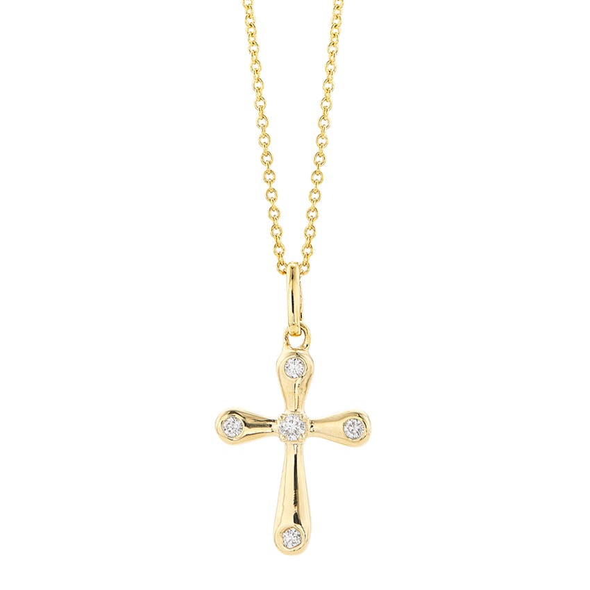 14K Yellow Gold Polished Cross Necklace with Round Diamonds 0