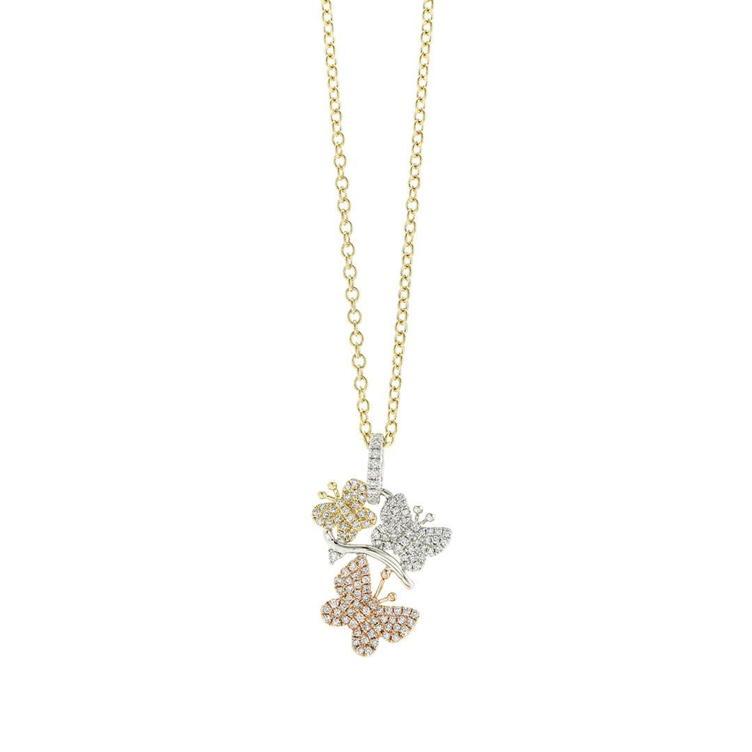 White Gold, Rose Gold and Yellow Gold Diamond Butterfly Cluster Necklace