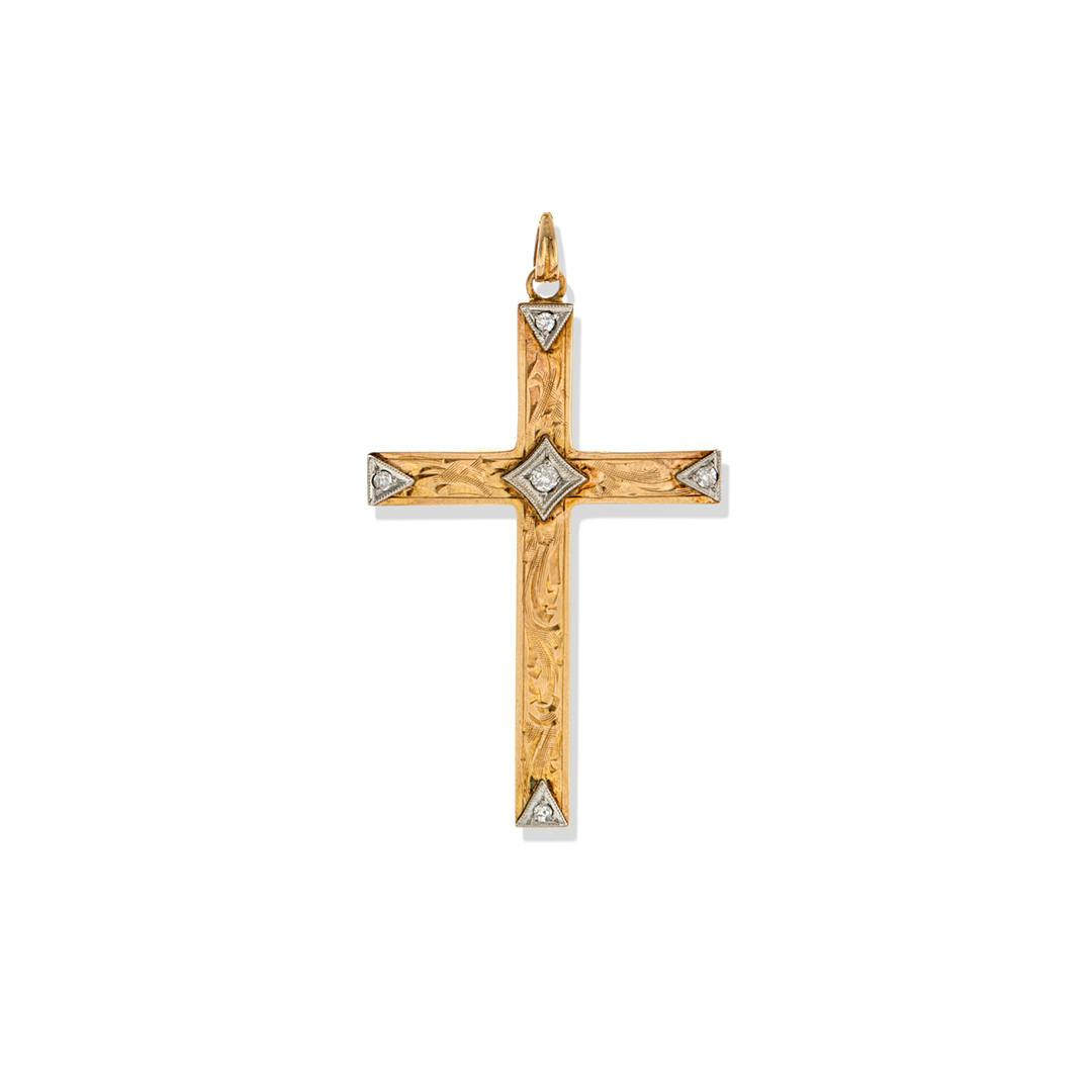 Estate Collection 1930s Engraved Diamond Cross Pendant 0
