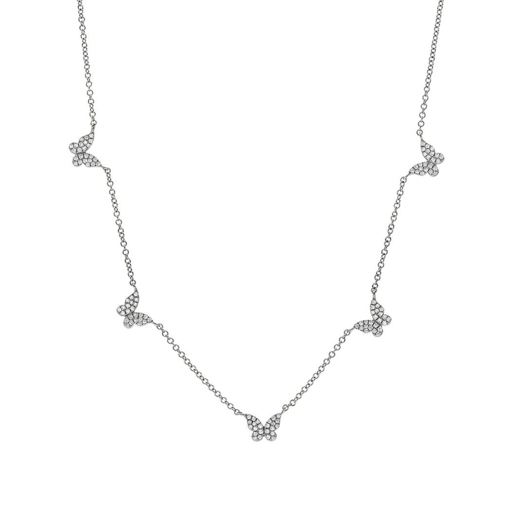 Five Station Pave Diamond Butterfly Necklace in White Gold 0