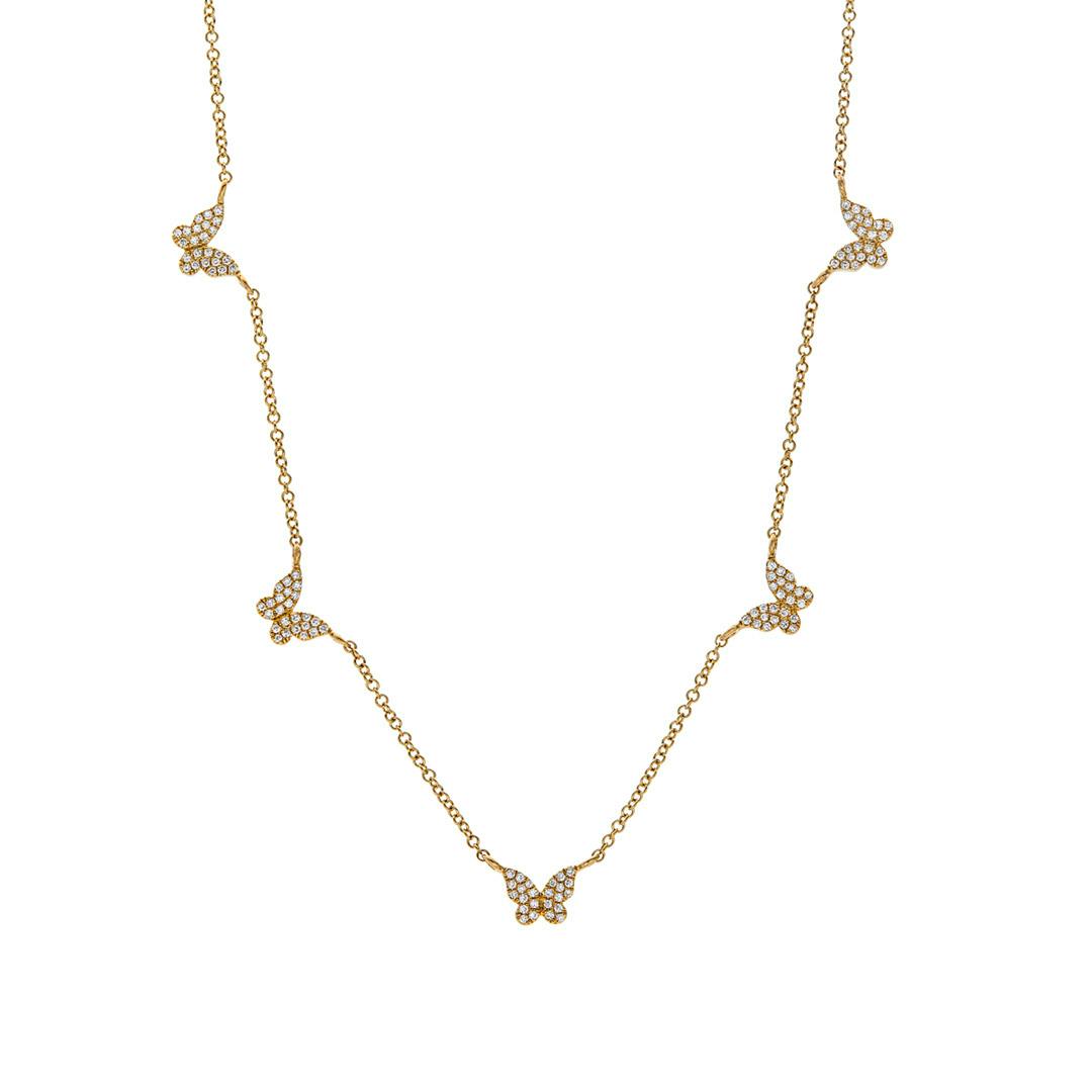 Five Station Pave Diamond Butterfly Necklace in Yellow Gold 0