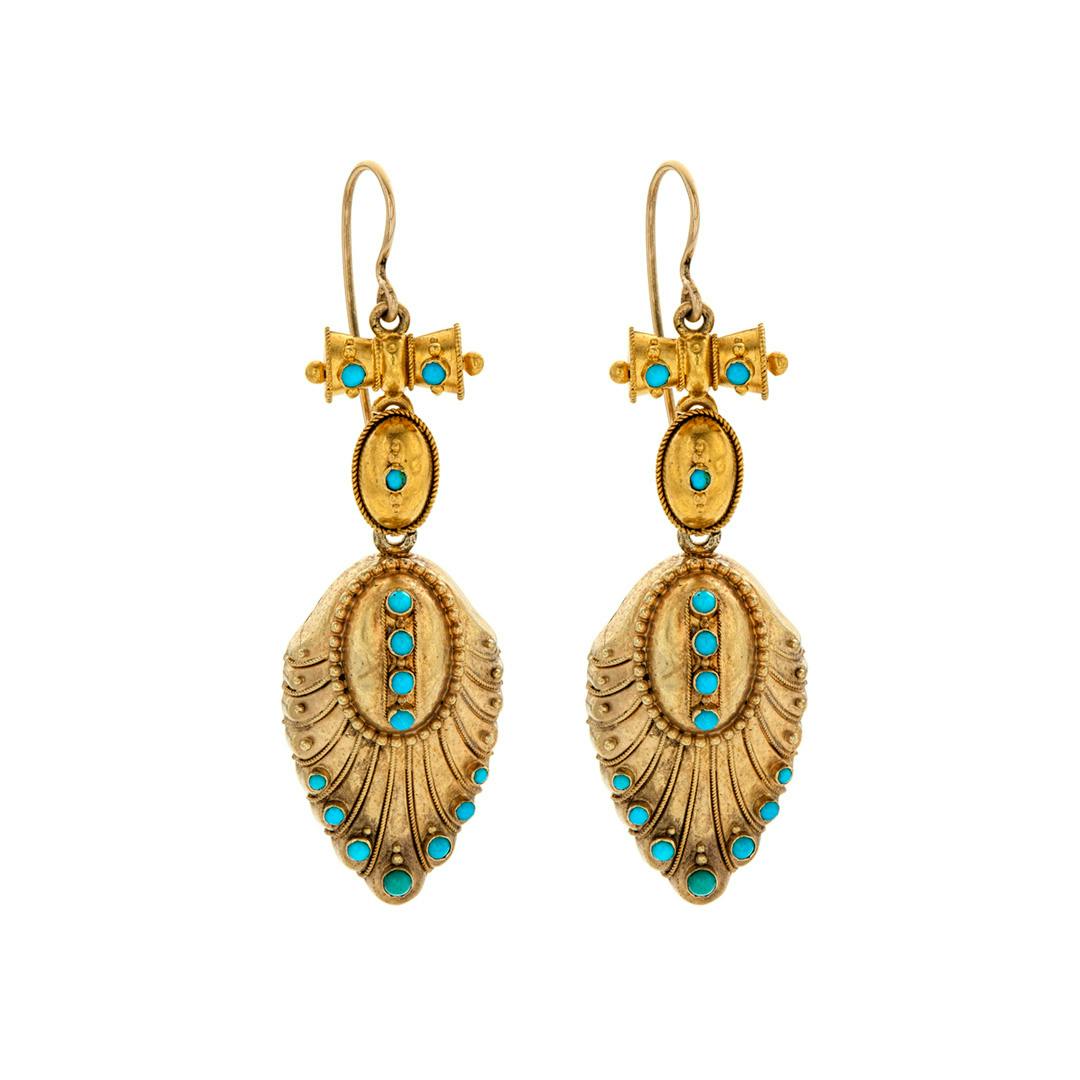 Estate Collection Yellow Gold and Turquoise Feather Earrings 0