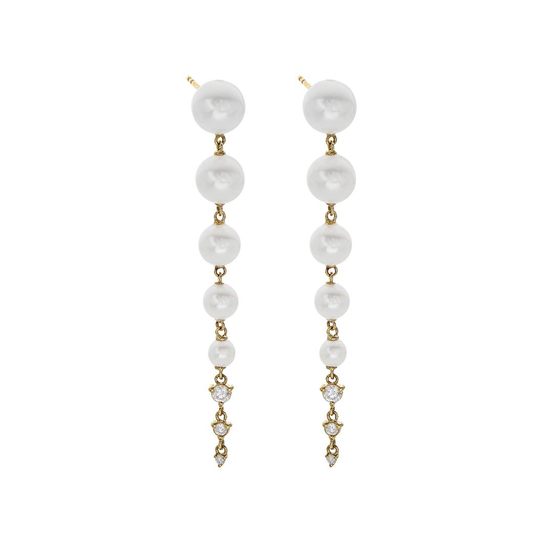 Pearl and Diamond Yellow Gold Graduated Dangle Linear Earrings 0