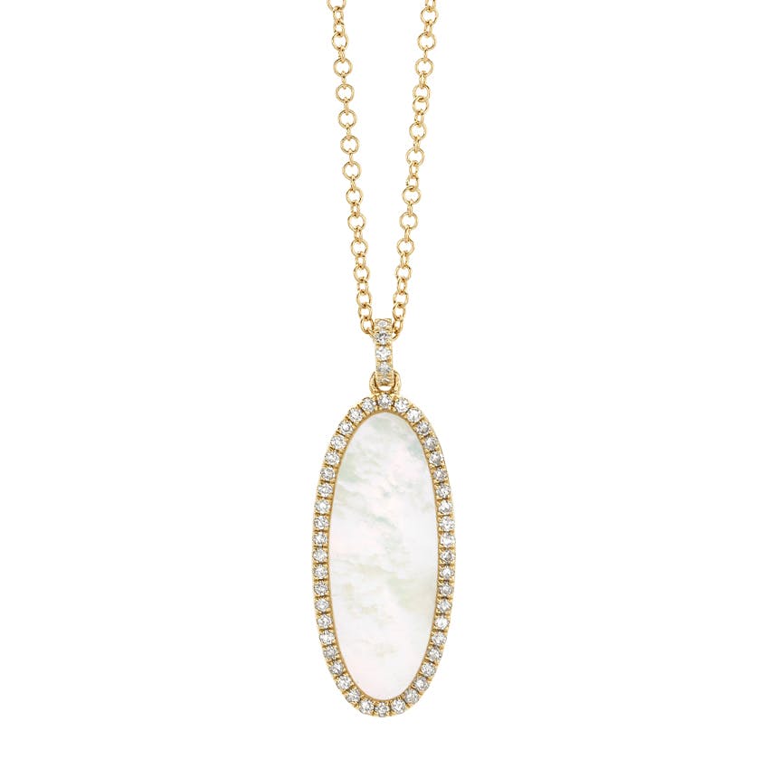 14K Yellow Gold Mother of Pearl & Pave Diamond Oval Necklace | Front View