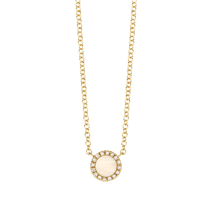 14K Yellow Gold Mother of Pearl and Pave Diamond Circle Necklace | Front View
