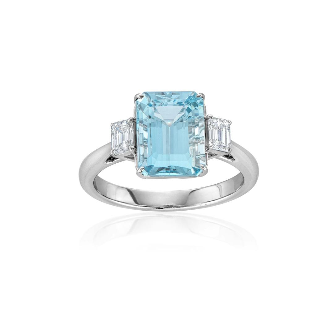 2.98 CT Emerald Cut Aquamarine and Diamond Ring