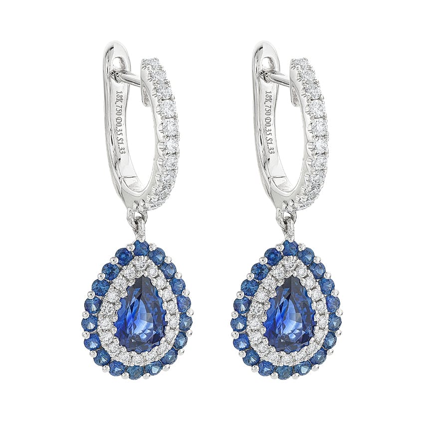 White Gold Pear Shaped Sapphire & Diamond Halo Drop Earrings