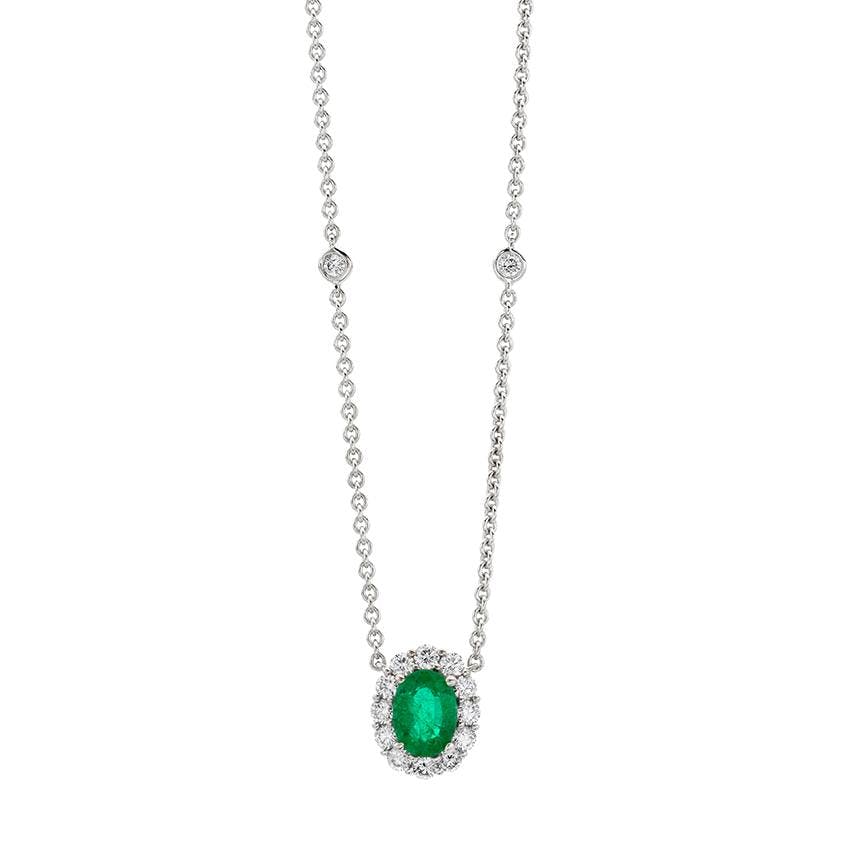 Oval Gemstone Pendant Necklace with Diamond Halo and Diamond Station Chain 0