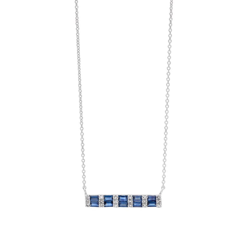 White Gold Blue Sapphire & Diamond Bar Necklace