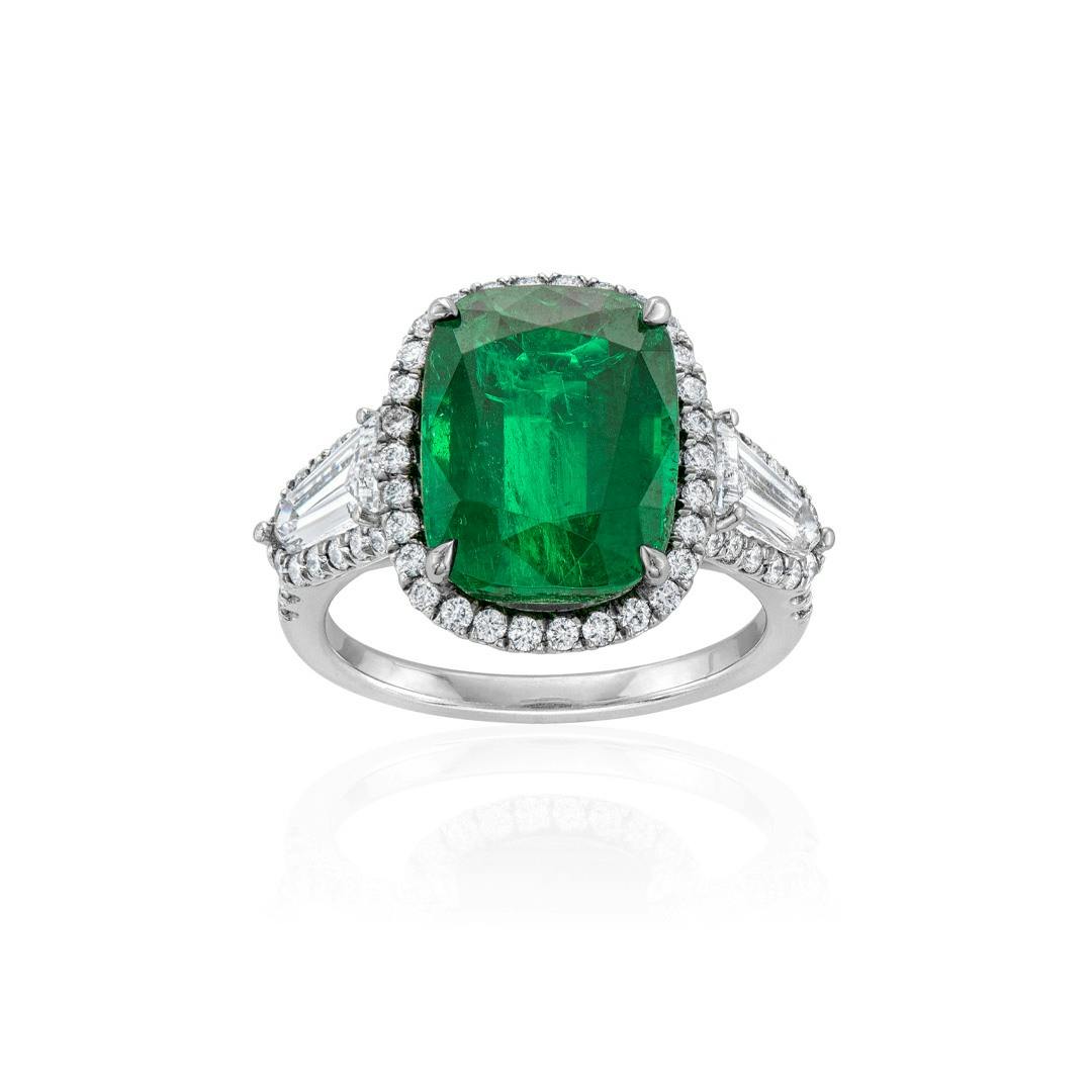 Platinum Cushion Cut Emerald & Pave Diamond Ring 0