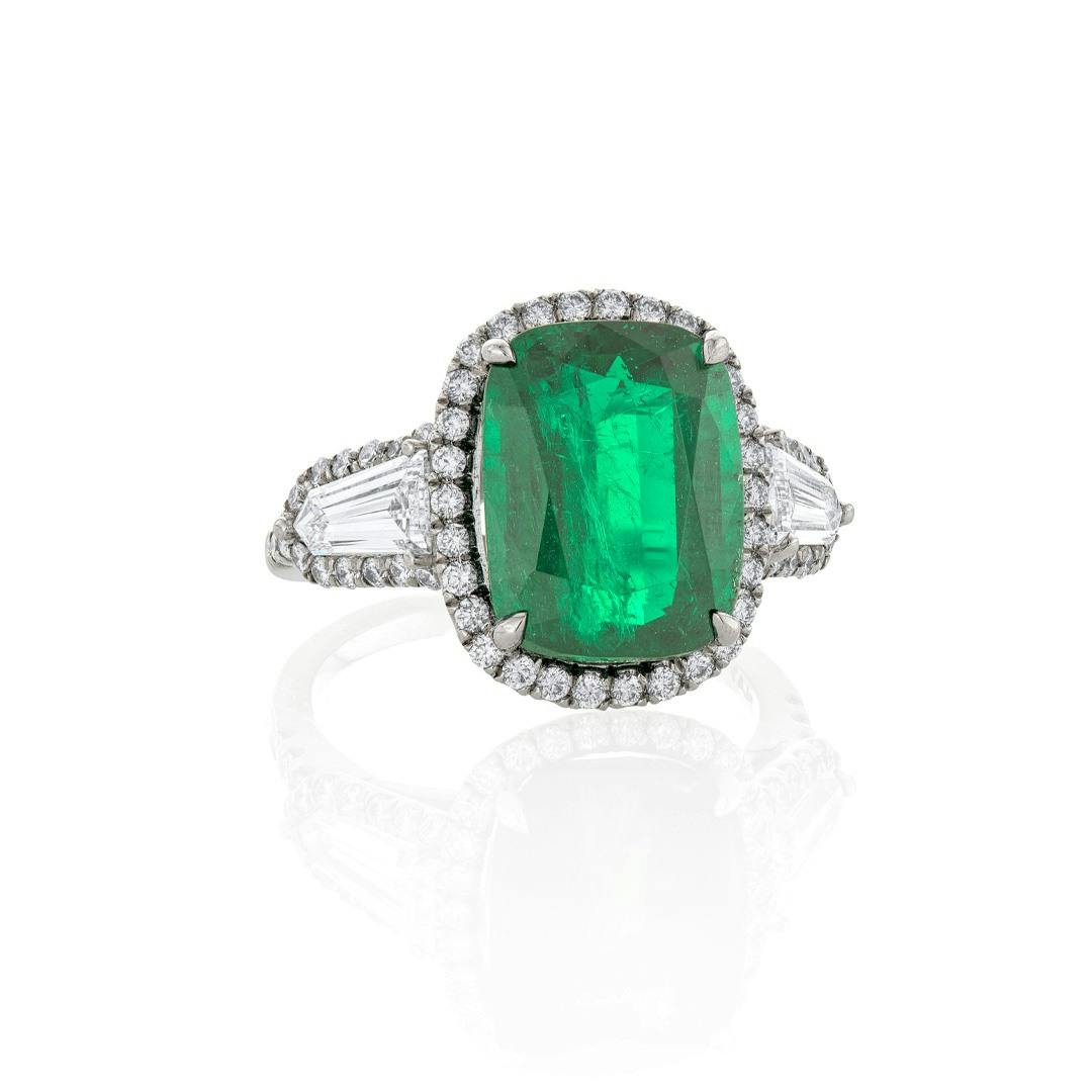 Platinum Cushion Cut Emerald & Pave Diamond Ring 1