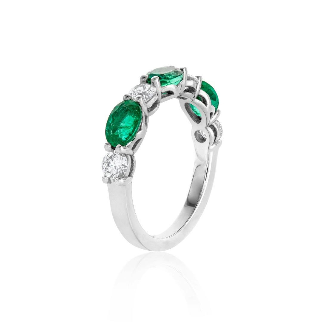 Oval Emerald and Round Diamond White Gold Band 1