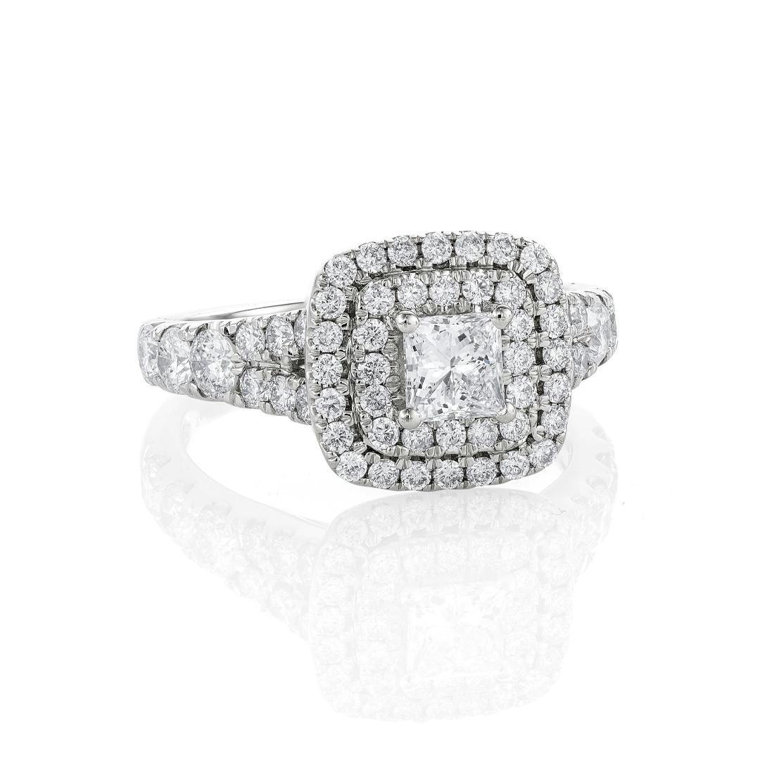 2.03 CTW Princess Cut Diamond Bridal Ring Set with Double Pave Halo 1