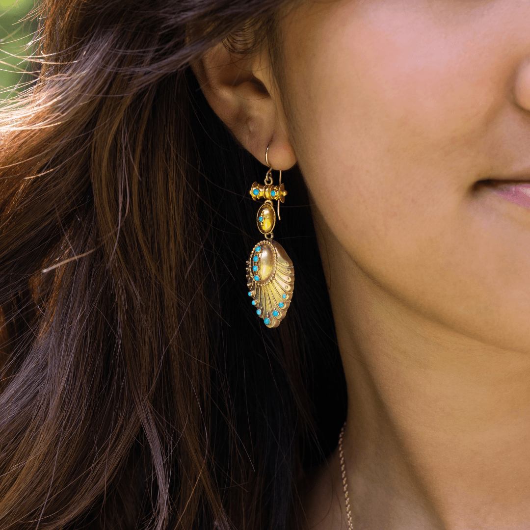 Estate Collection Yellow Gold and Turquoise Feather Earrings 1