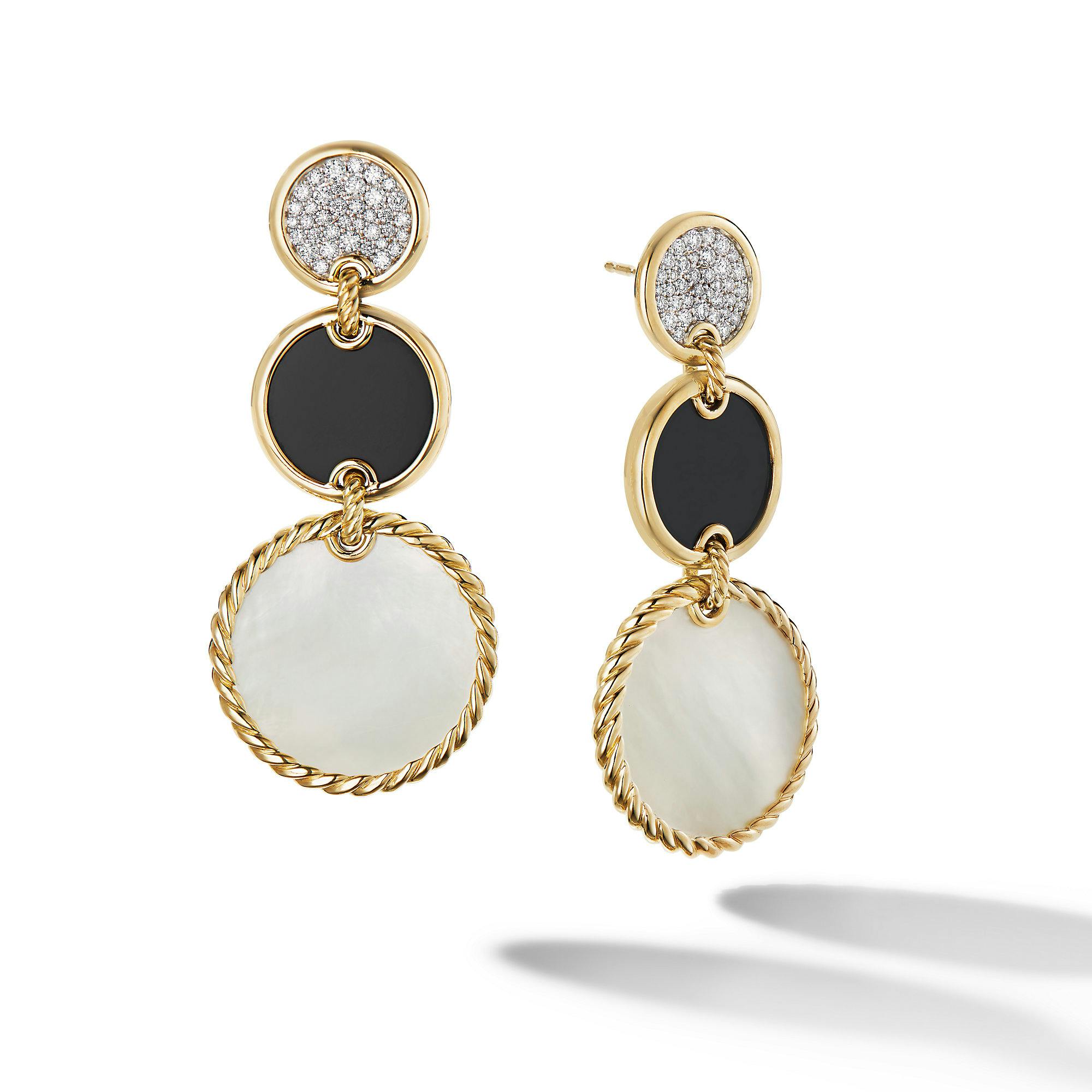 David Yurman DY Elements Triple Drop Earrings in 18K Yellow Gold with Mother of Pearl, Black Onyx and Pave Diamonds