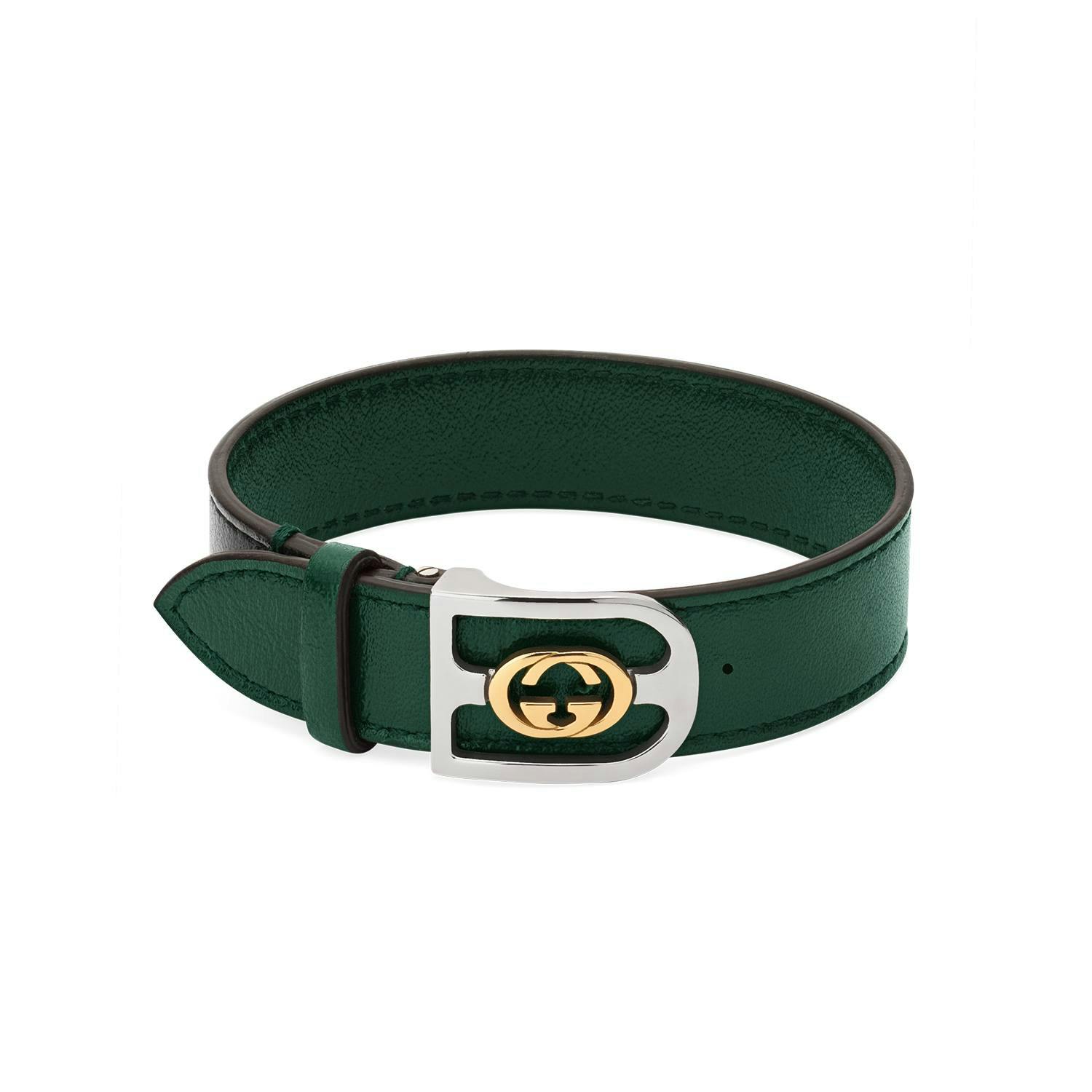 Gucci Yellow Gold, Steel & Green Leather Bracelet