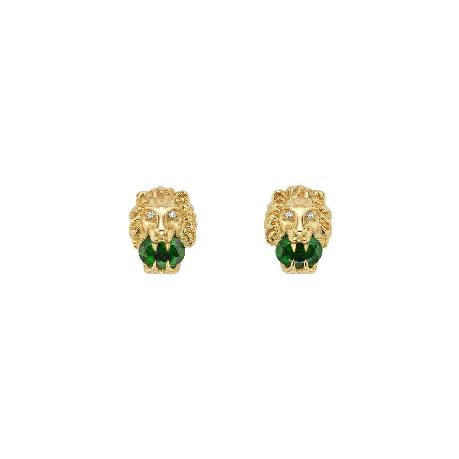 Gucci Yellow Gold, Green Chrome Diopside & Diamond Lion Head Stud Earrings