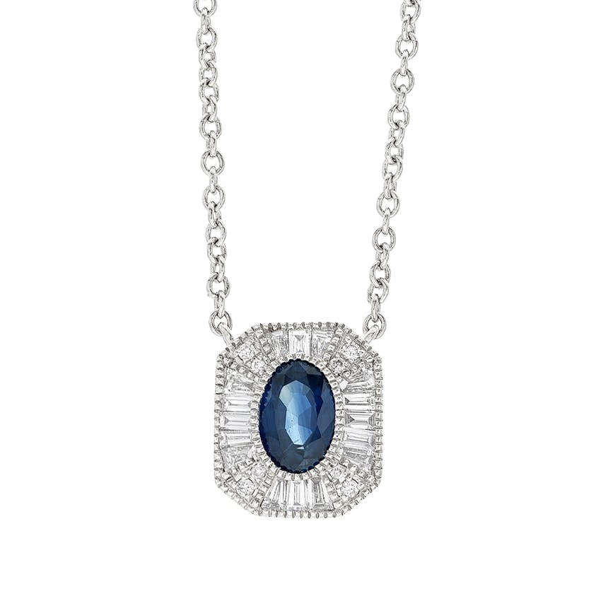 White Gold Oval 0.59 Carat Sapphire & Diamond Accented Pendant Necklace