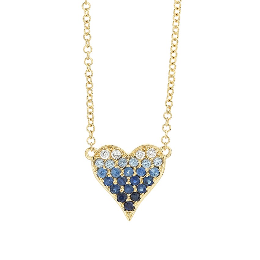 Yellow Gold Ombre Blue Sapphire & Diamond Heart Pendant Necklace