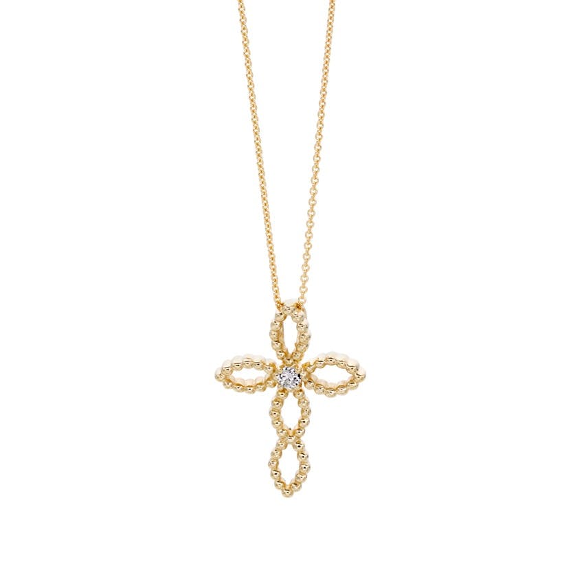 Yellow Gold Cross Pendant Necklace with Round Diamond Center