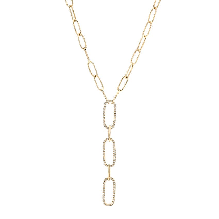 Yellow Gold & Diamond Paperclip Lariat Style Necklace