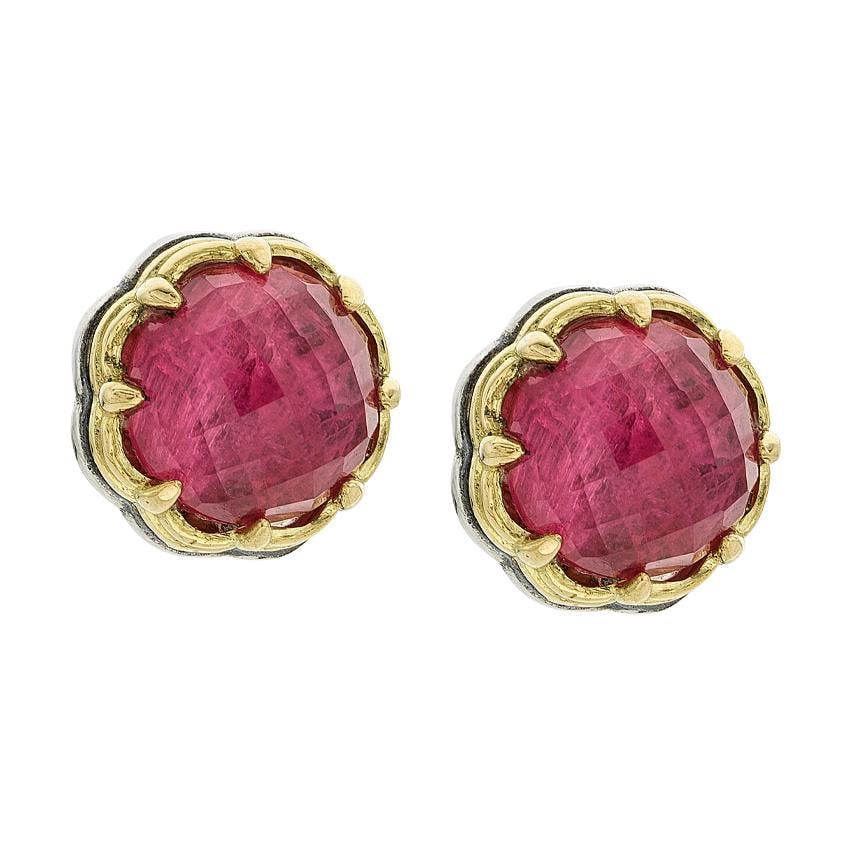 Konstantino Sterling Silver & Yellow Gold Round Rock Crystal & Pink Tourmanline Double Stud Earrings