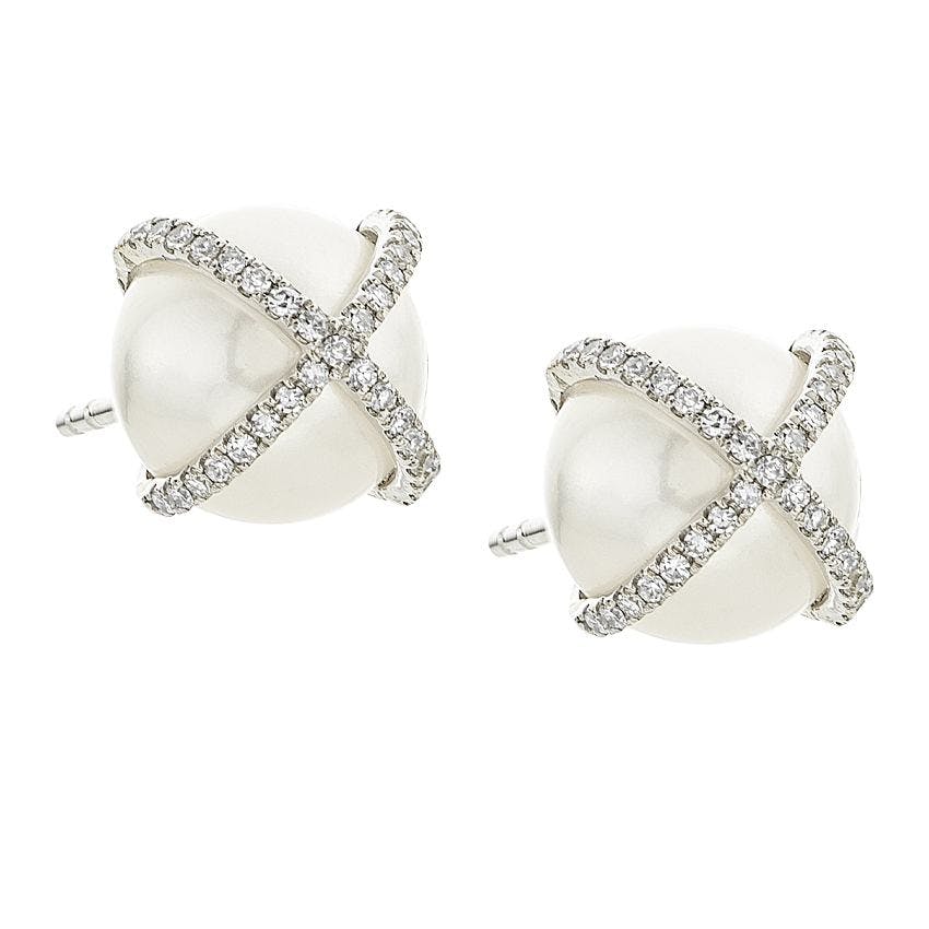 White Gold Pearl & Diamond X Post Earrings