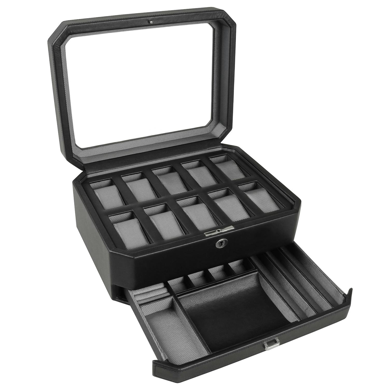 Black Windsor 10 Piece Watch Box with Drawer | Open Side View