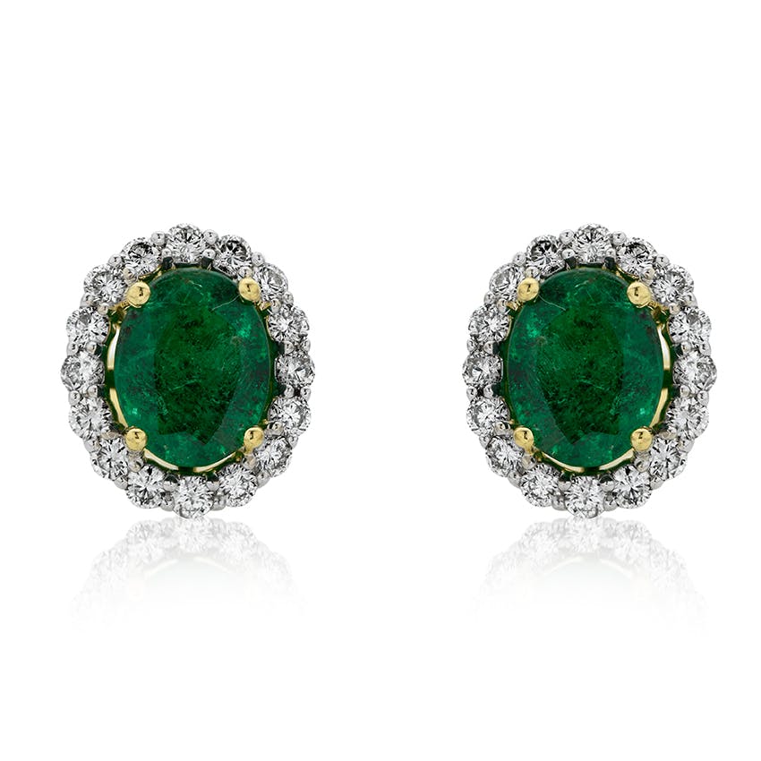 White & Yellow Gold 3.32ct Oval Emerald & Diamond Halo Earrings