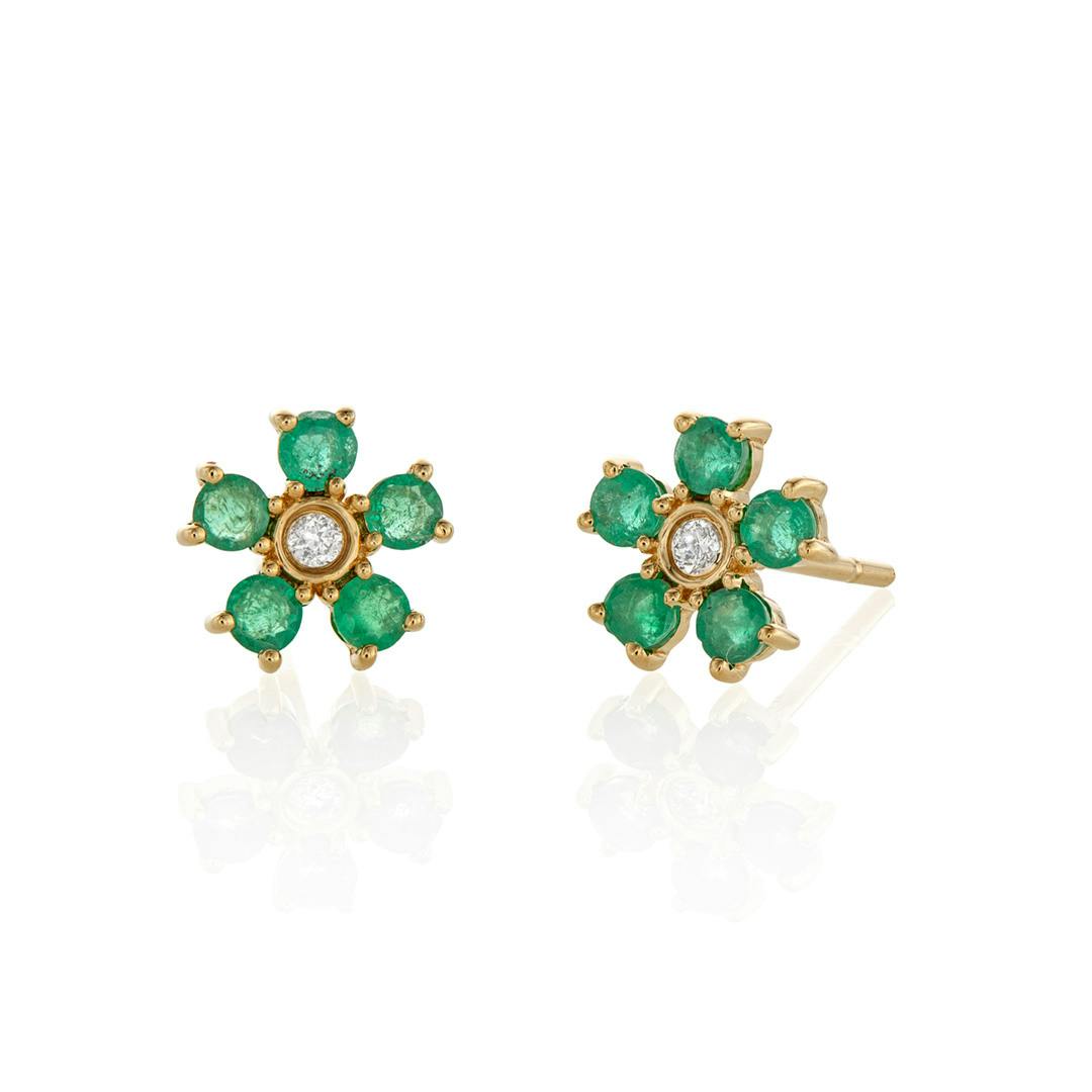 Emerald and Diamond Yellow Gold Flower Stud Earrings