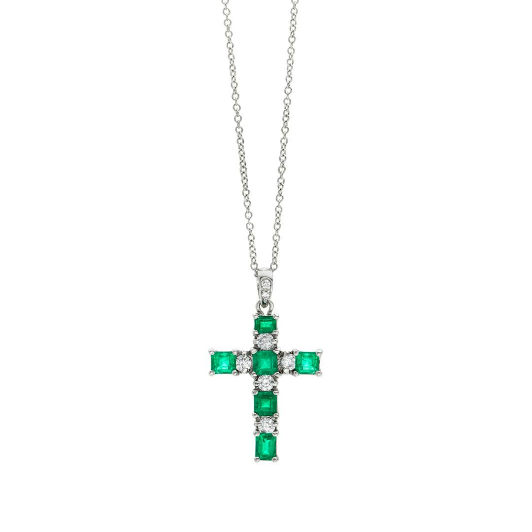 18k White Gold Emerald and Diamond Cross Pendant Necklace