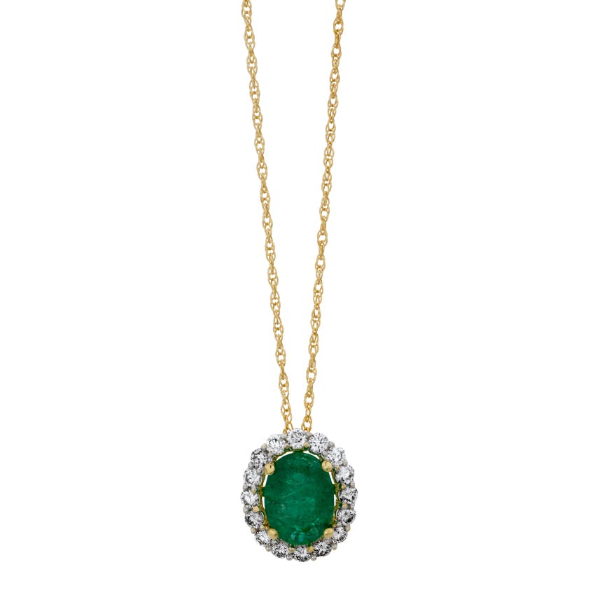 Yellow & White Gold 1.67ct Oval Emerald & Diamond Halo Pendant Necklace 0