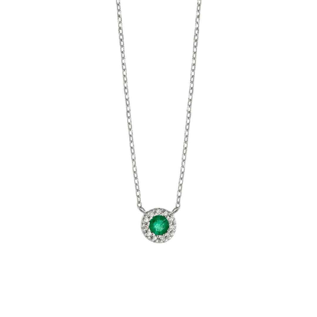 Dainty Diamond and Emerald Halo Pendant Necklace