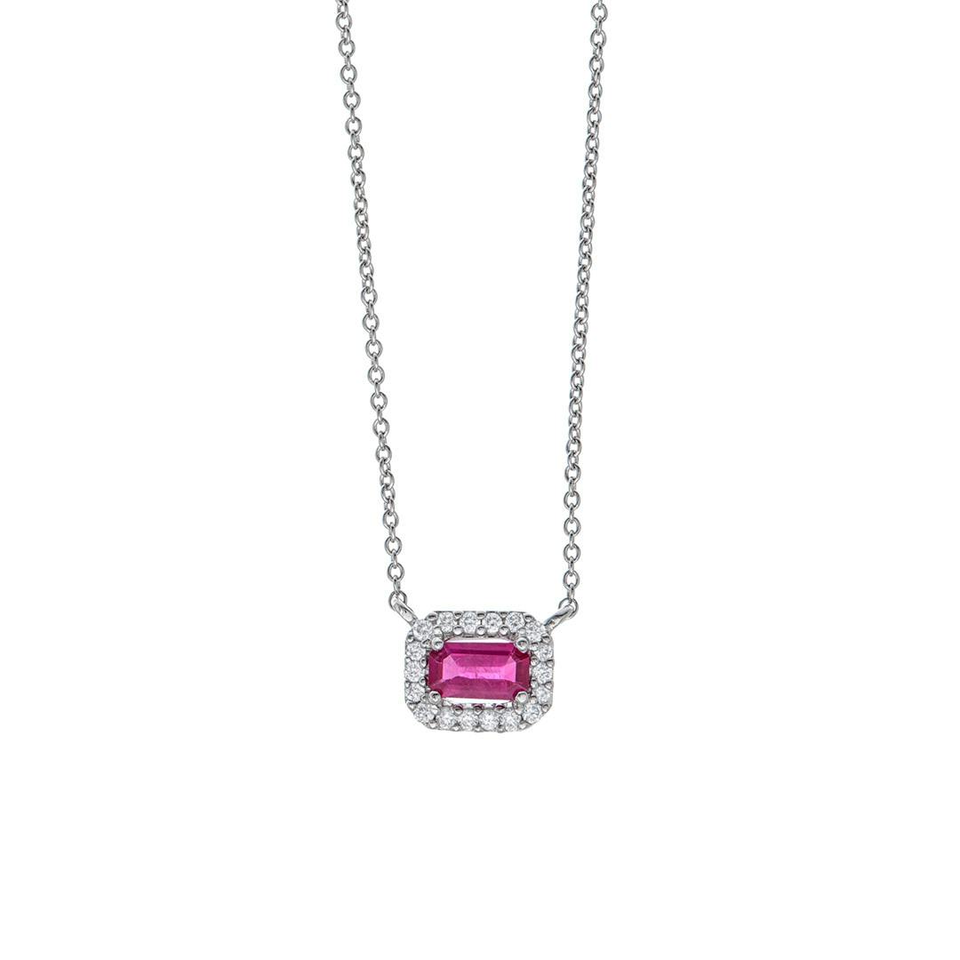 Emerald Cut Ruby Diamond Halo Pendant Necklace