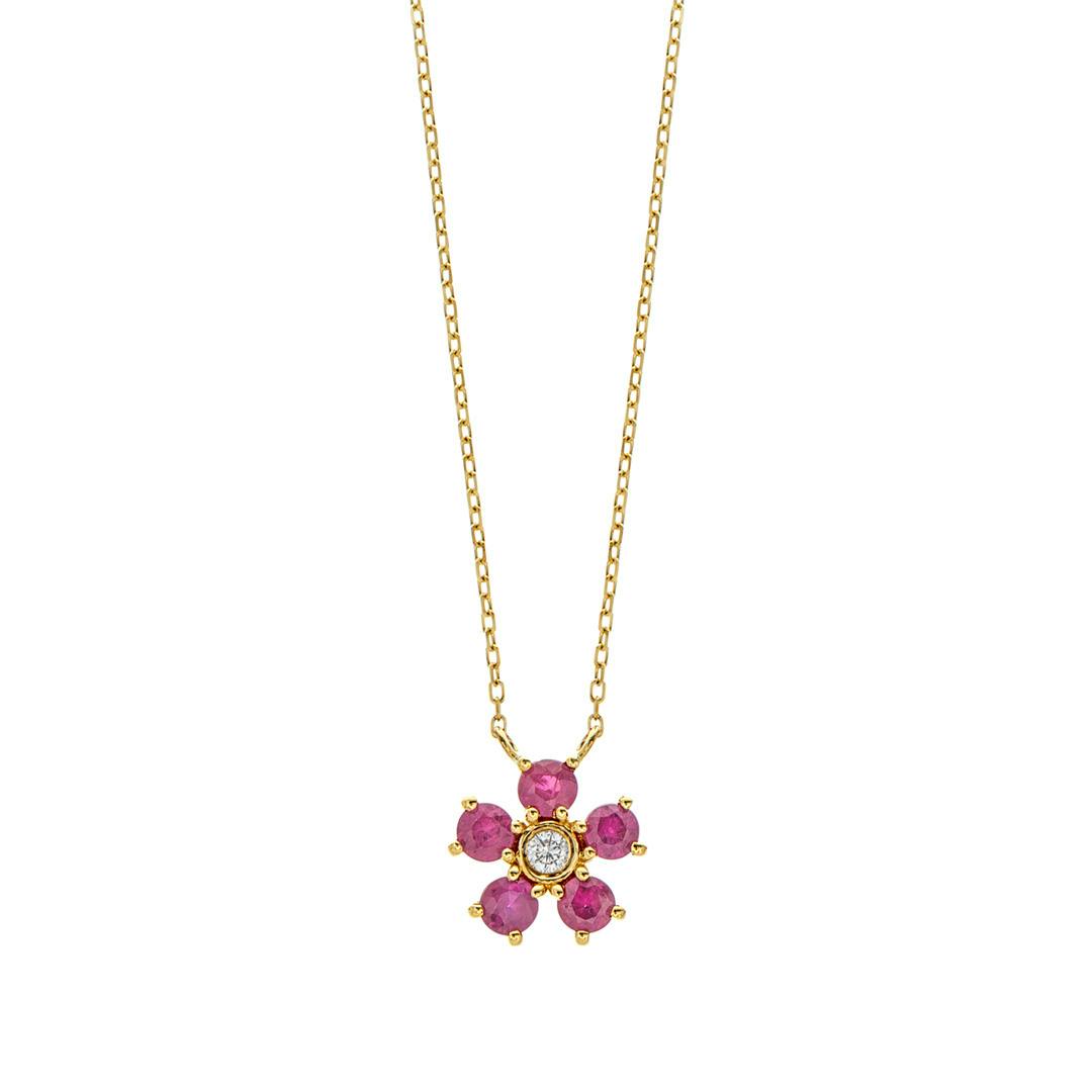 Ruby and Diamond Yellow Gold Flower Pendant Necklace 0