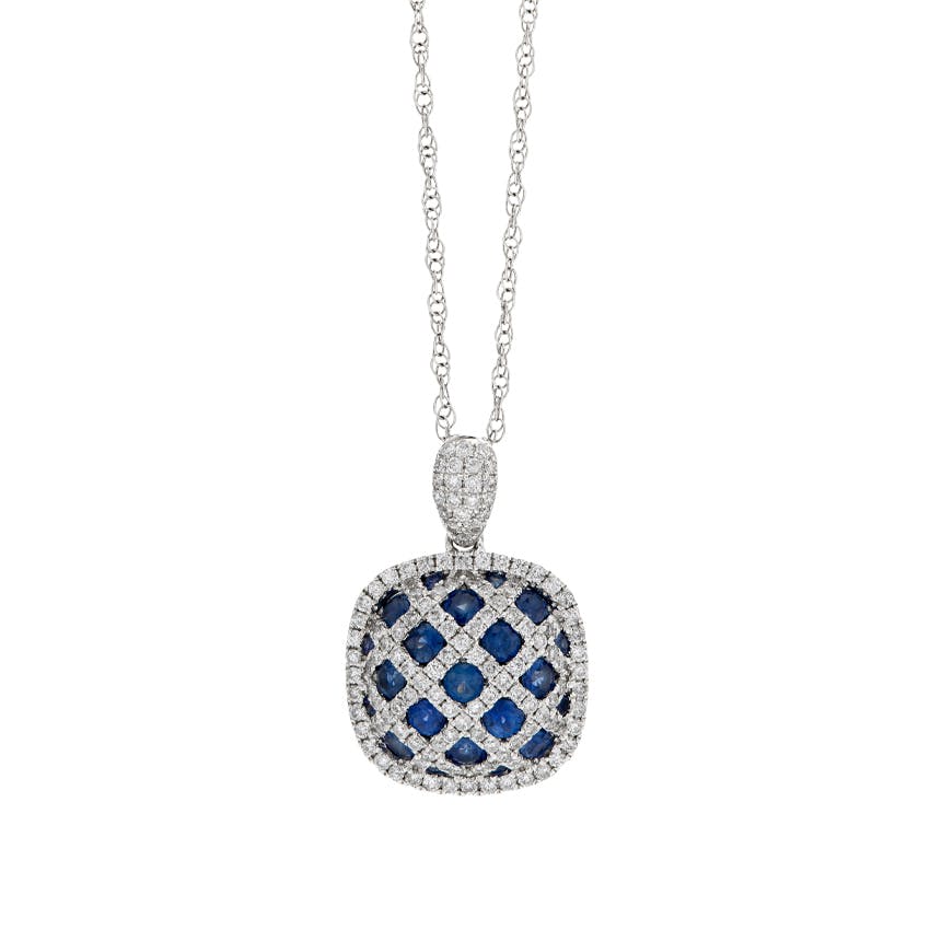 White Gold Diamond & Sapphire Lattice Style Pendant Necklace 0