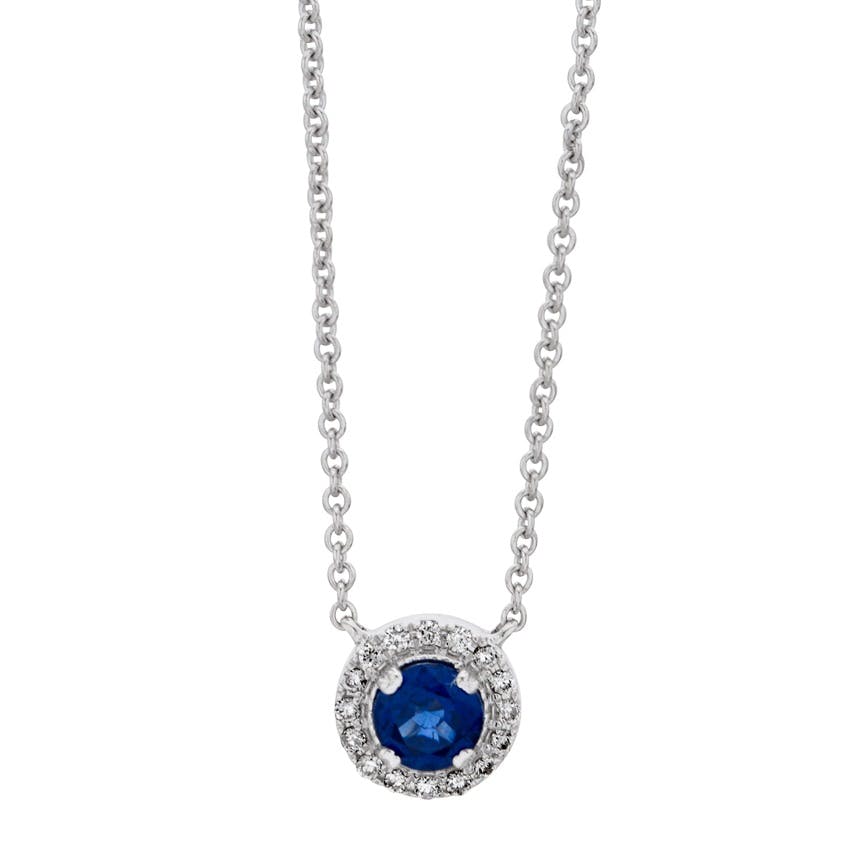 White Gold Round Sapphire & Diamond Halo Necklace