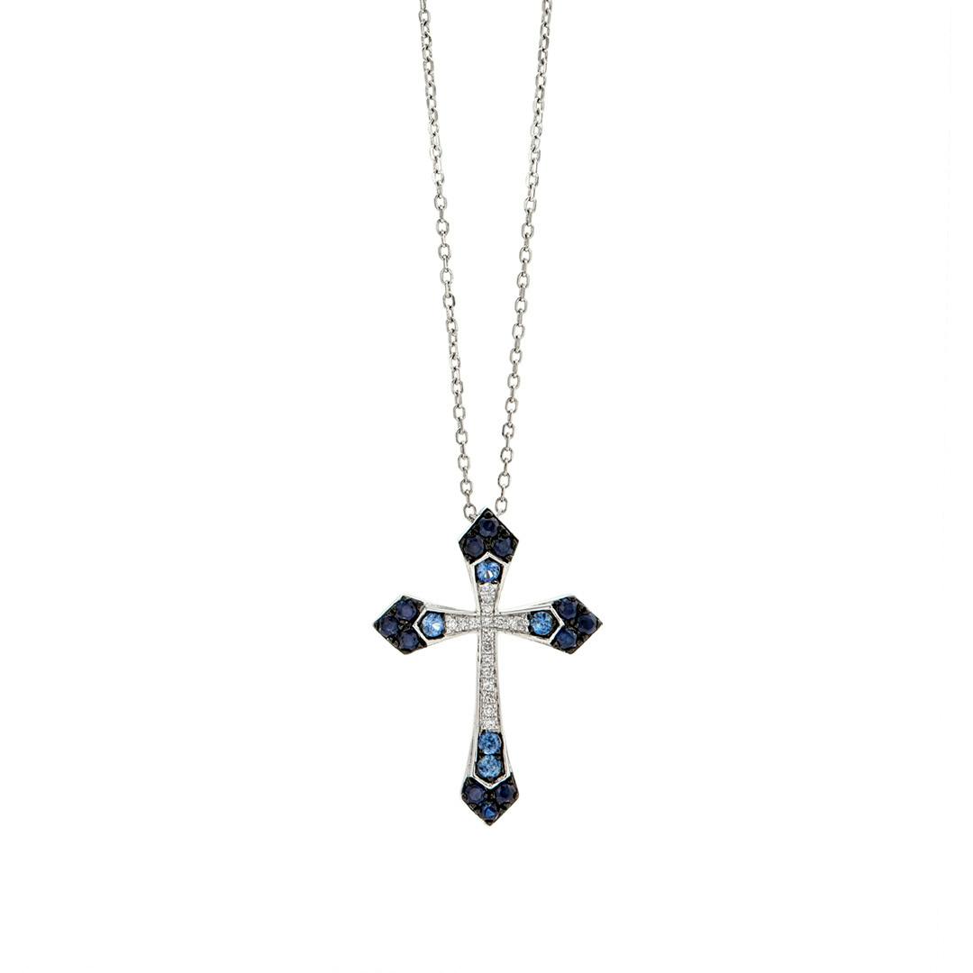 Sapphire and Diamond White Gold Flared Cross Necklace