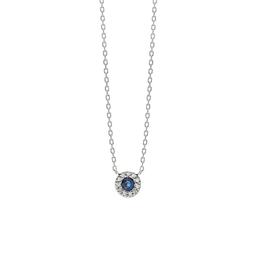 Dainty Diamond and Sapphire Halo Pendant Necklace