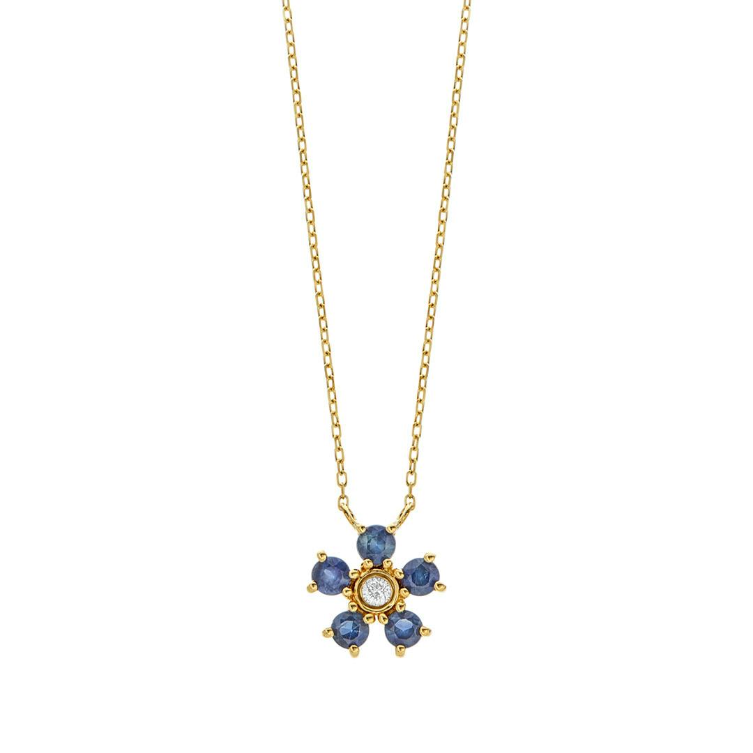 Sapphire and Diamond Yellow Gold Flower Pendant Necklace 0