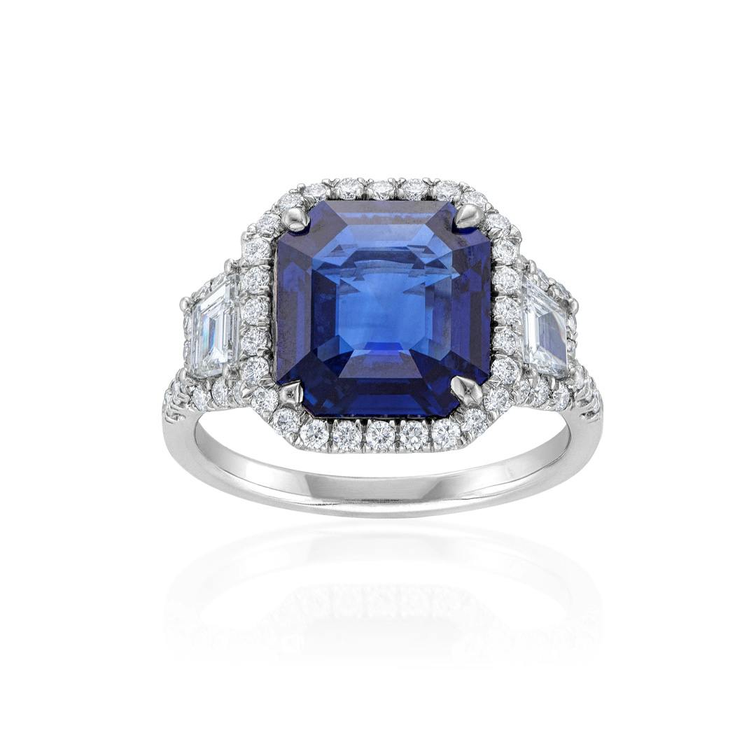 Platinum 4.57 CT Asscher Cut Sapphire and Diamond Ring